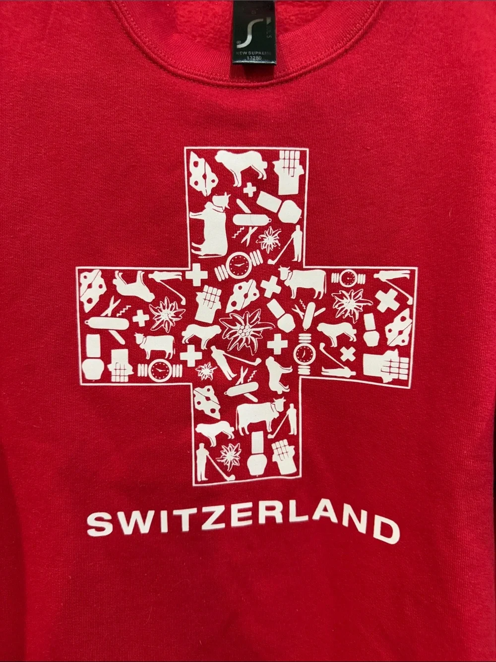 New Supreme Red Crewneck Sweatshirt with White Switzerland Cross size S